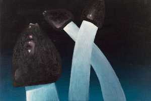 Drei Kameraden / Stinkmorcheln (2004) Öl auf Hartfaserplatte (17,5 cm x 25 cm)